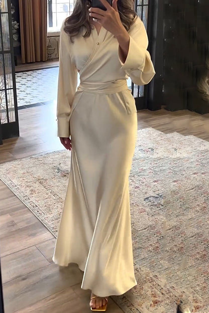 Elegant Buttons Ruched Turndown Collar Long Sleeve Two Pieces