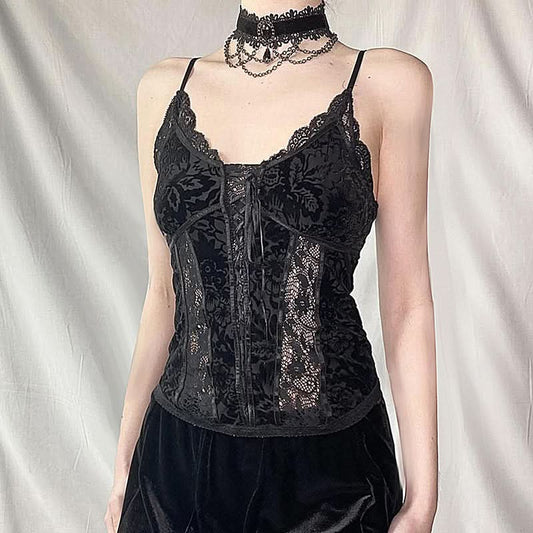 Lace hem print backless cami top