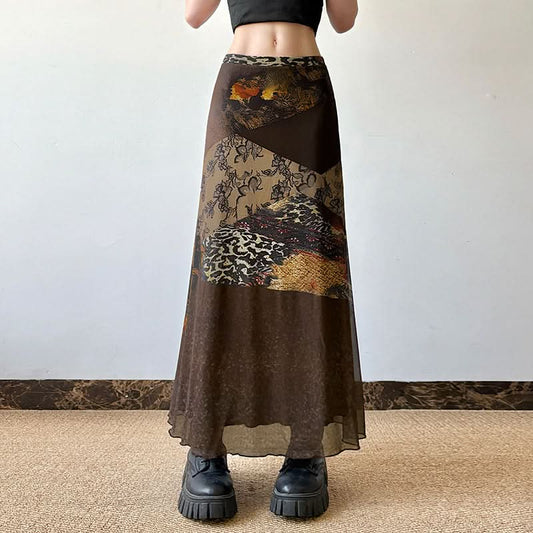 Abstract contrast mesh patchwork maxi skirt