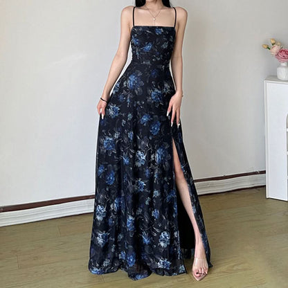 Square neck slit flower print cami maxi dress