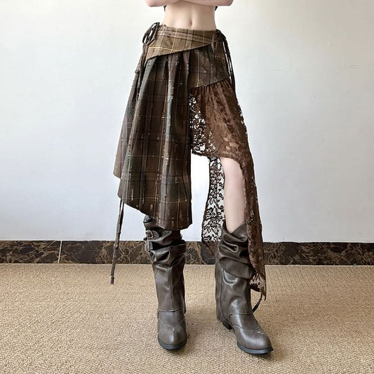 Plaid irregular lace patchwork midi skirt