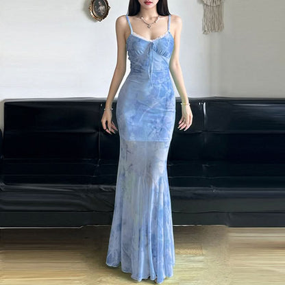 Lace hem print mesh ruched cami maxi dress