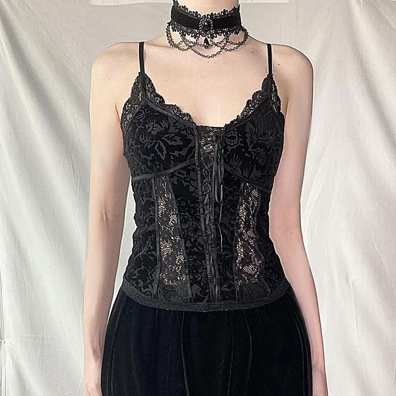 Lace hem print backless cami top