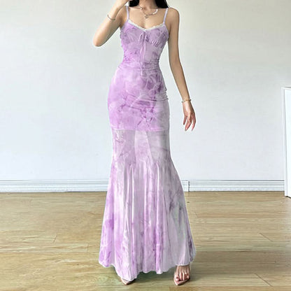 Lace hem print mesh ruched cami maxi dress