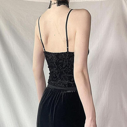Lace hem print backless cami top