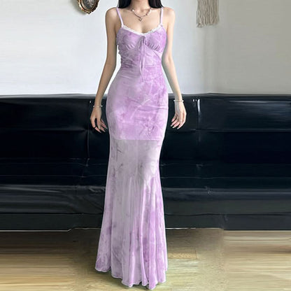 Lace hem print mesh ruched cami maxi dress