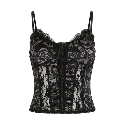 Lace hem print backless cami top