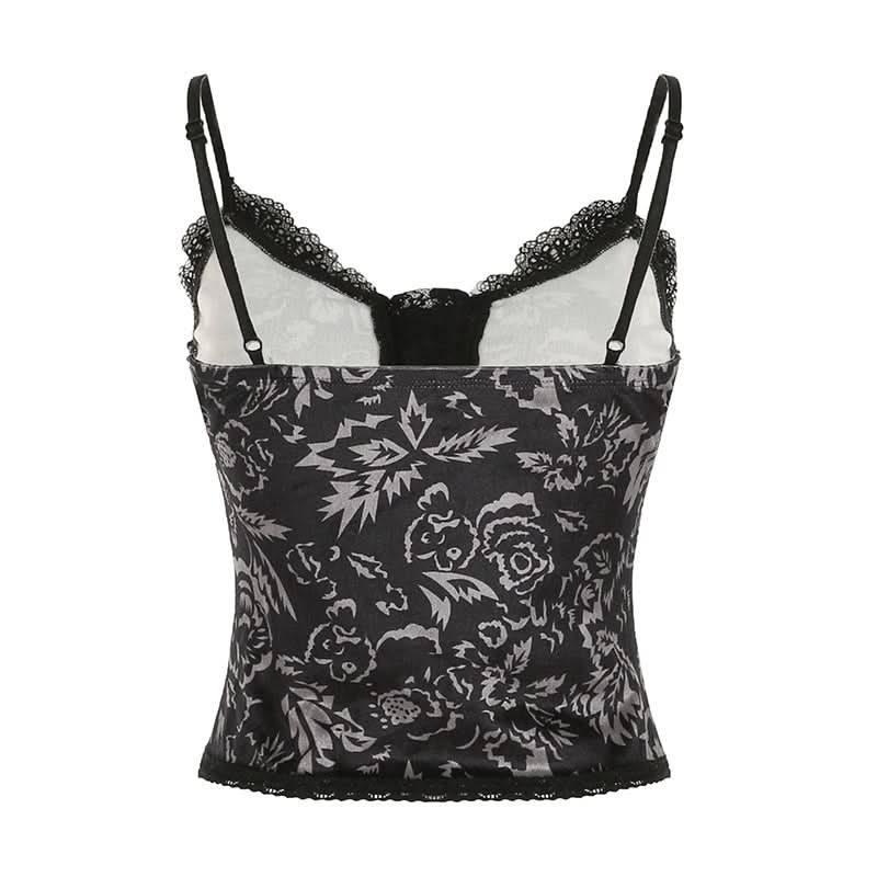 Lace hem print backless cami top