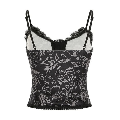 Lace hem print backless cami top