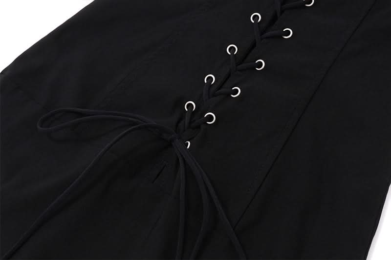 U neck mesh patchwork lace up maxi dress