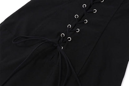 U neck mesh patchwork lace up maxi dress