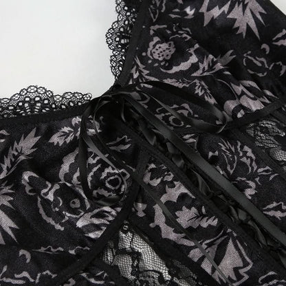 Lace hem print backless cami top