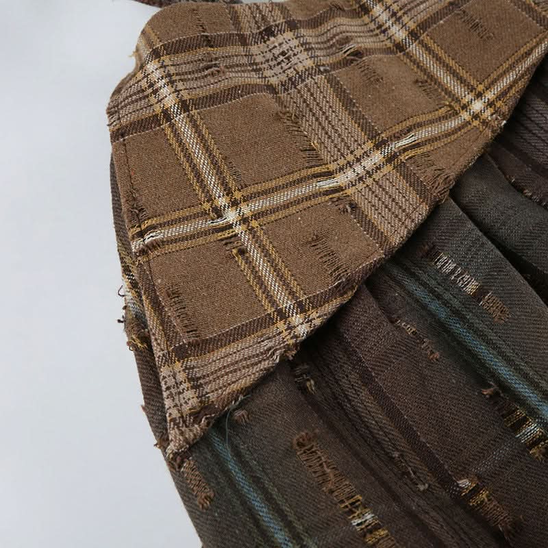 Plaid irregular lace patchwork midi skirt