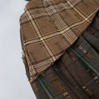 Plaid irregular lace patchwork midi skirt