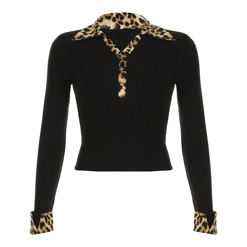 Turnover collar button long sleeve leopard print patchwork top