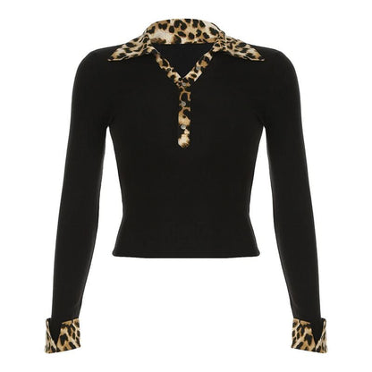 Turnover collar button long sleeve leopard print patchwork top