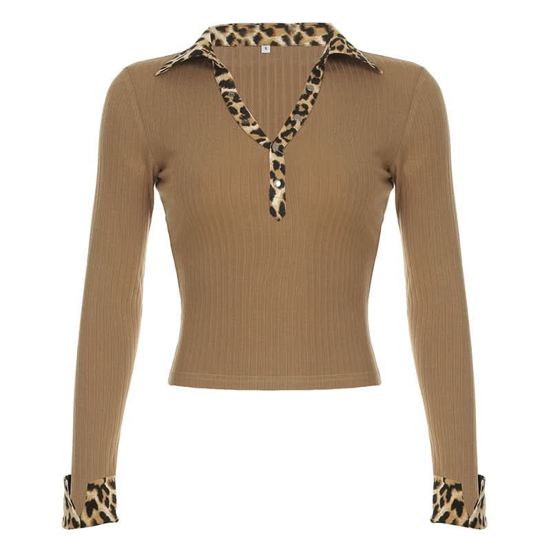 Turnover collar button long sleeve leopard print patchwork top