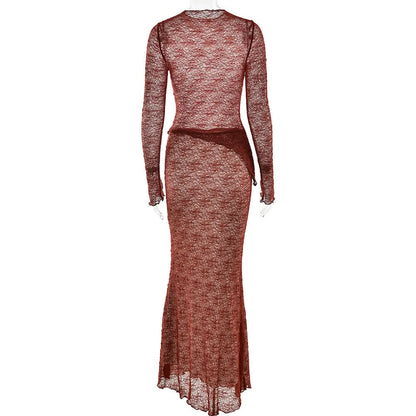 Long sleeve lace see through maxi skirt set