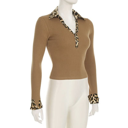 Turnover collar button long sleeve leopard print patchwork top
