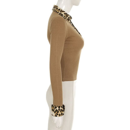 Turnover collar button long sleeve leopard print patchwork top