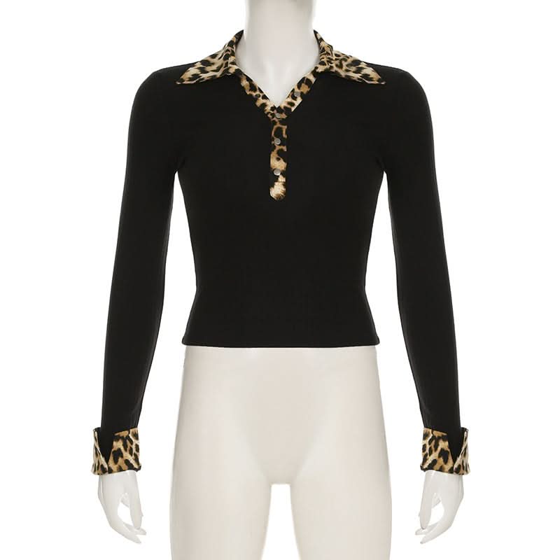 Turnover collar button long sleeve leopard print patchwork top