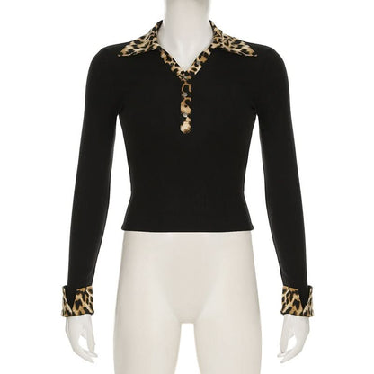 Turnover collar button long sleeve leopard print patchwork top