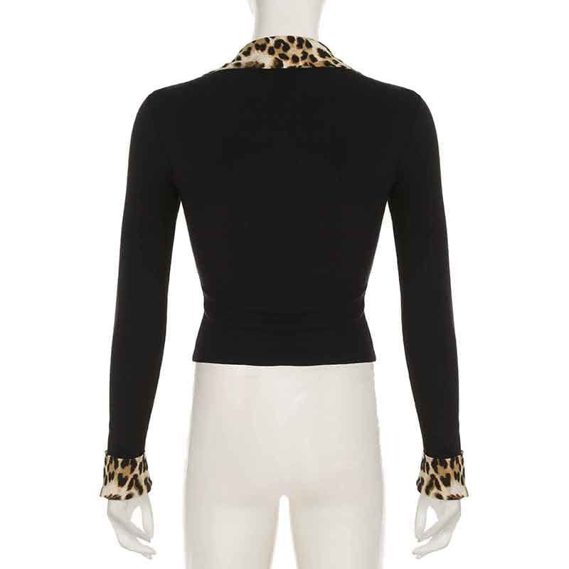 Turnover collar button long sleeve leopard print patchwork top
