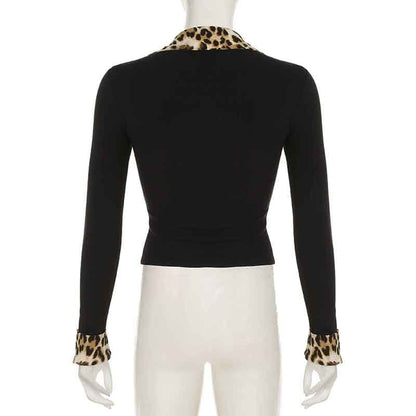 Turnover collar button long sleeve leopard print patchwork top
