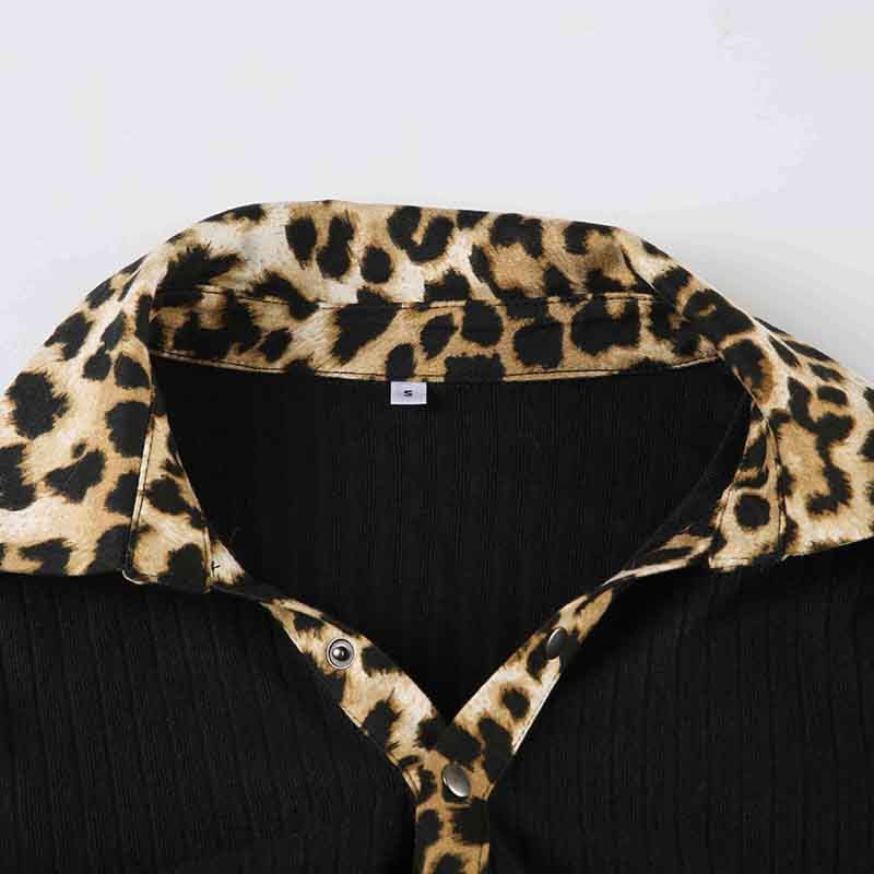 Turnover collar button long sleeve leopard print patchwork top