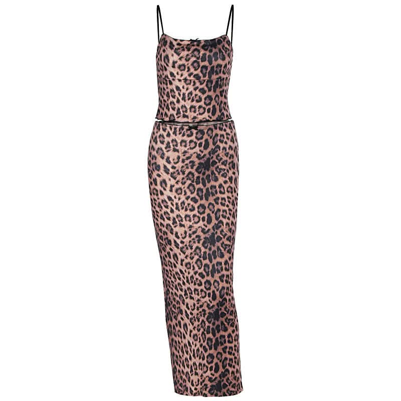 Leopard print u neck bowknot slit cami maxi skirt set