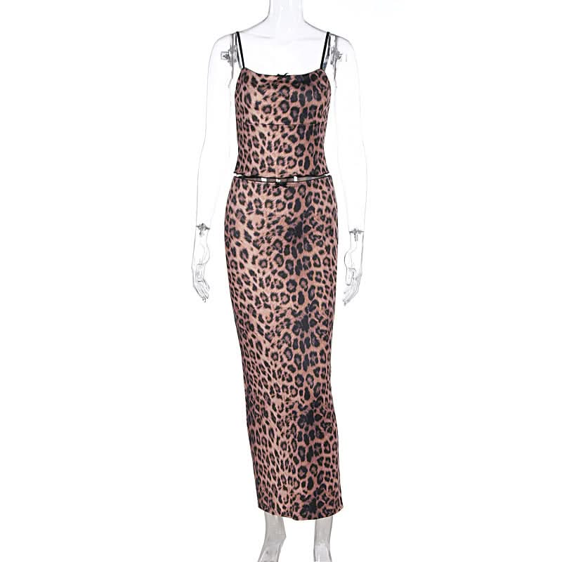 Leopard print u neck bowknot slit cami maxi skirt set