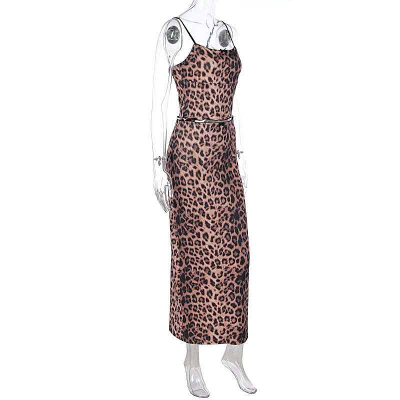 Leopard print u neck bowknot slit cami maxi skirt set