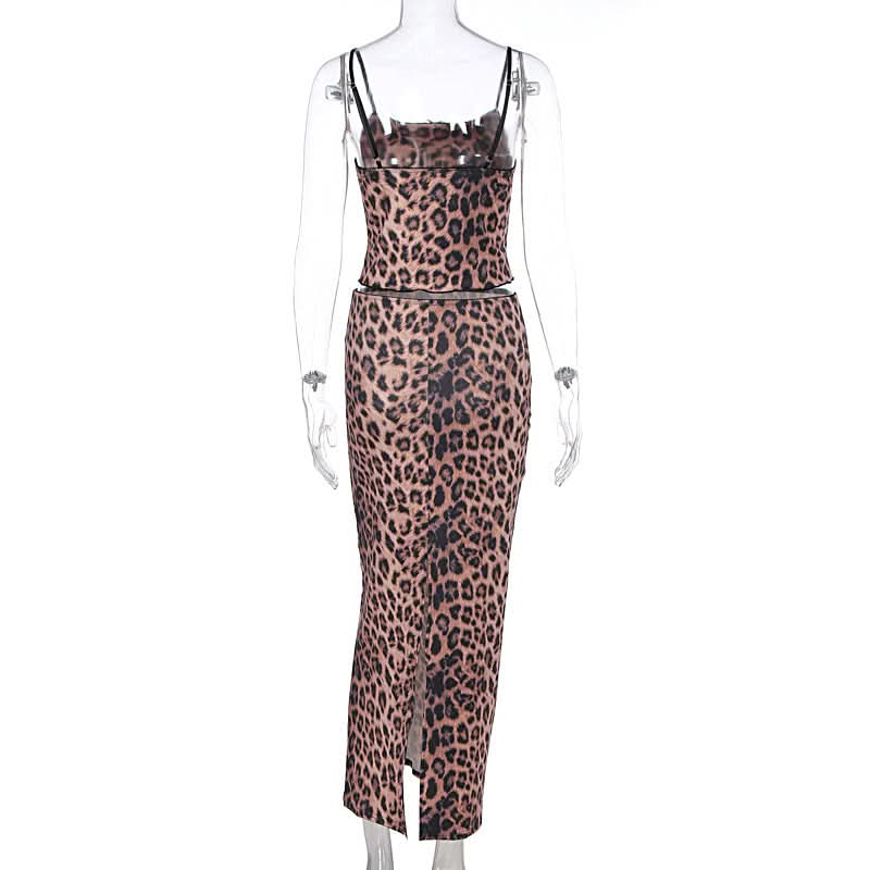 Leopard print u neck bowknot slit cami maxi skirt set