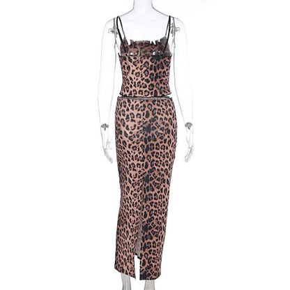 Leopard print u neck bowknot slit cami maxi skirt set