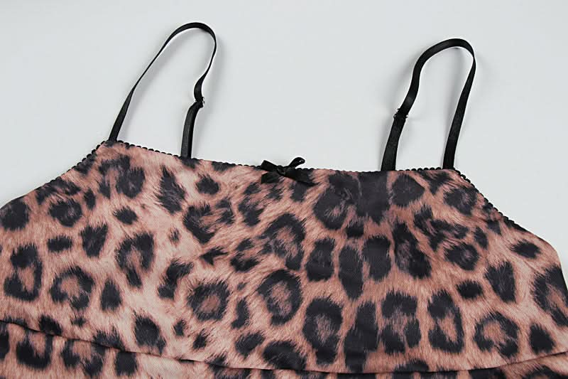 Leopard print u neck bowknot slit cami maxi skirt set