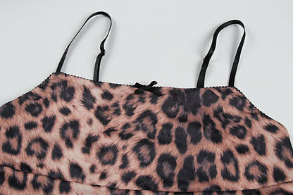 Leopard print u neck bowknot slit cami maxi skirt set