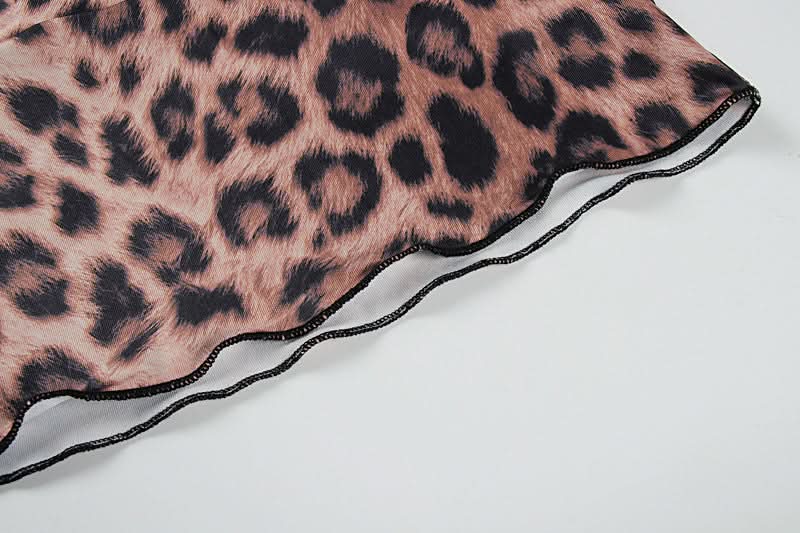 Leopard print u neck bowknot slit cami maxi skirt set