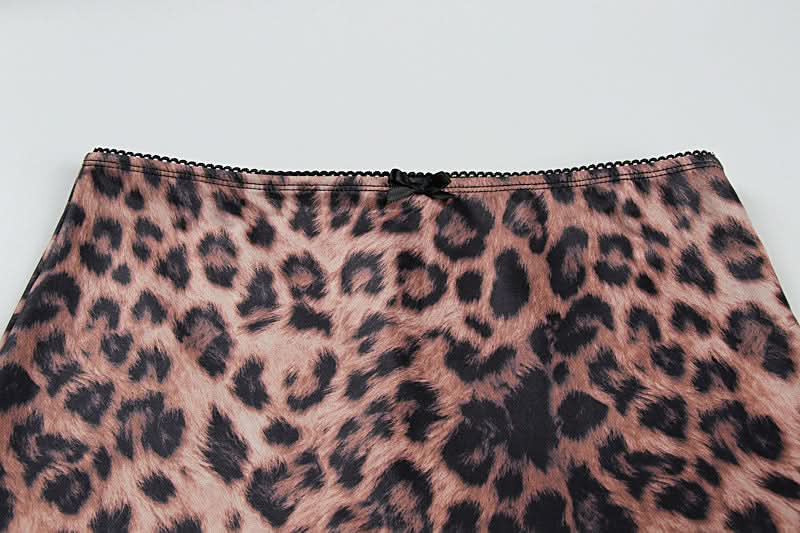 Leopard print u neck bowknot slit cami maxi skirt set