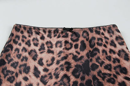 Leopard print u neck bowknot slit cami maxi skirt set