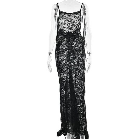 U neck flower applique lace backless cami maxi dress