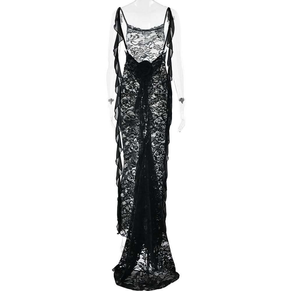 U neck flower applique lace backless cami maxi dress