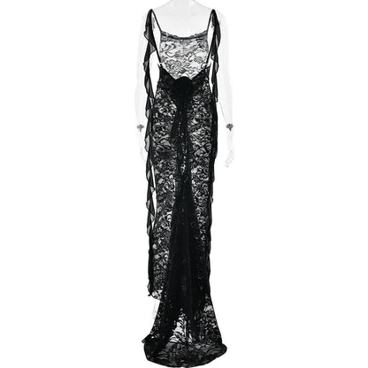 U neck flower applique lace backless cami maxi dress