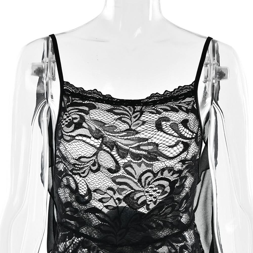 U neck flower applique lace backless cami maxi dress