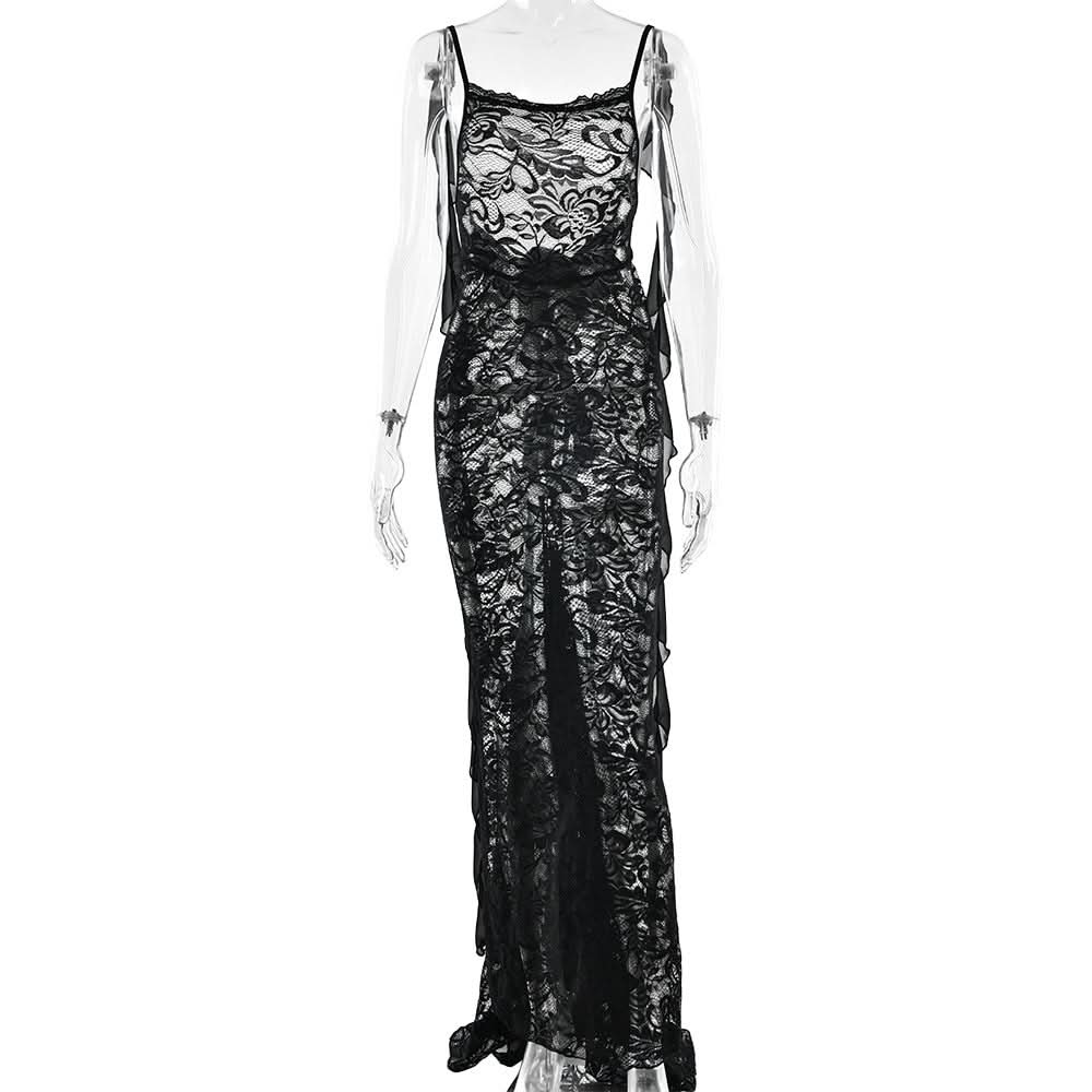 U neck flower applique lace backless cami maxi dress