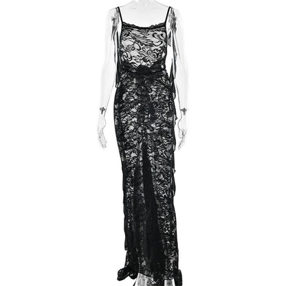 U neck flower applique lace backless cami maxi dress