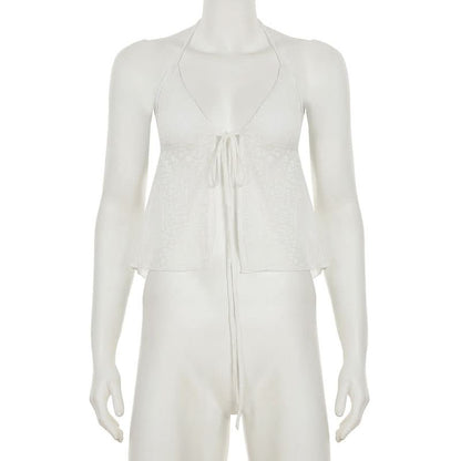 Halter lace self tie backless top