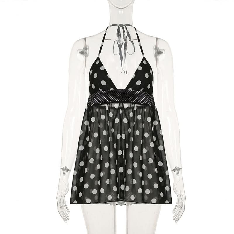 Halter v neck polka dot backless mini dress