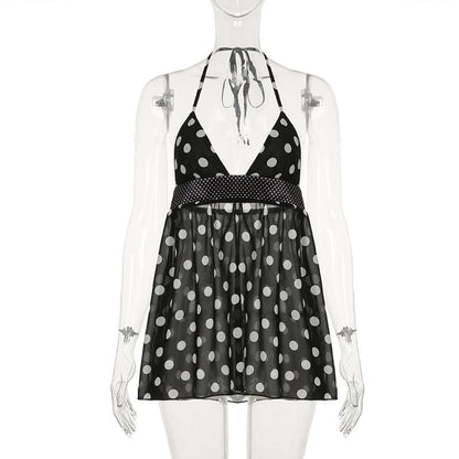 Halter v neck polka dot backless mini dress