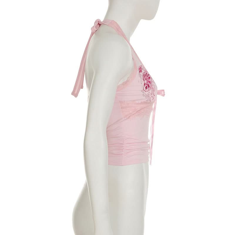 Halter embroidery bowknot lace hem top