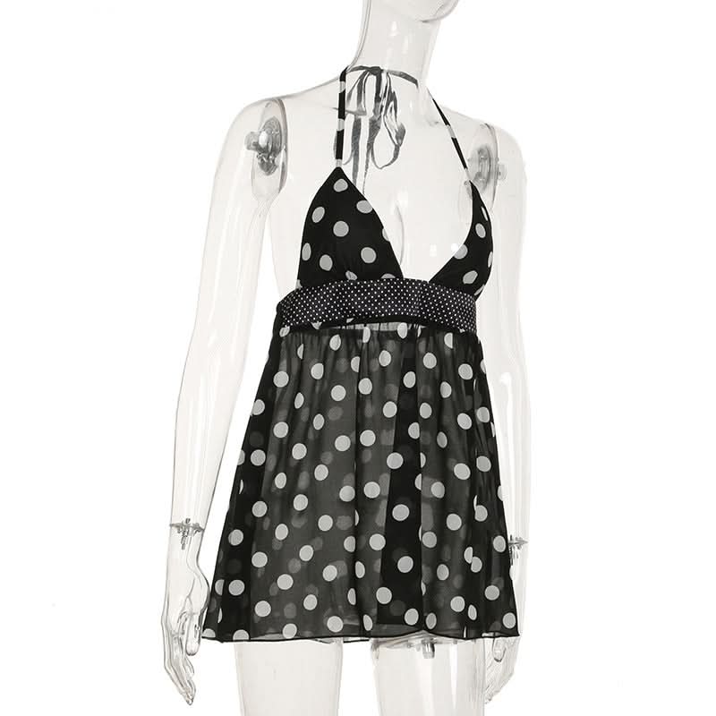 Halter v neck polka dot backless mini dress